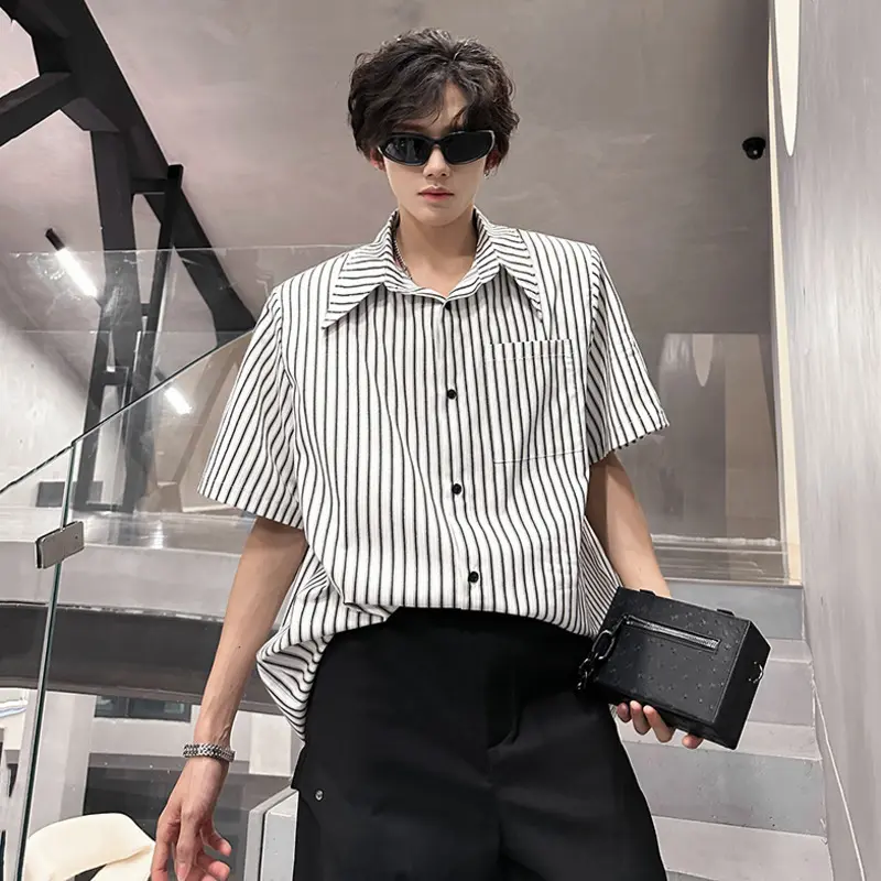 IEFB Niche Design Men's Shirts Turn-down Collar Short Sleeved Striped Contrast Color Detachable Shoulder Padded Male Tops 9W3852