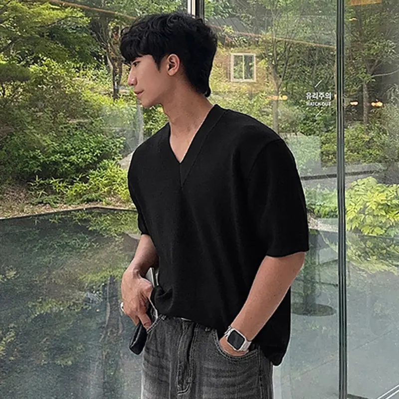 IEFB V-neck Men's T-shirts Short Sleeved Solid Color Knitting New Summer Tops Loose Pullover Korean Male Tees Simple 9W2484