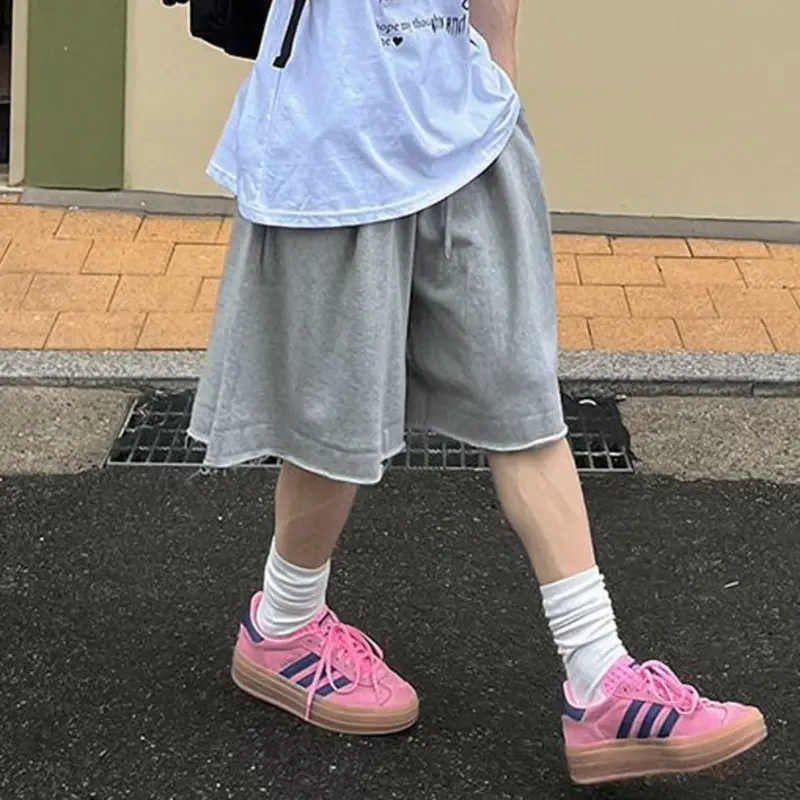 IEFB Simple Men's Casual Shorts Drawstring Raw Edge Solid Color Straight Elastic Waist Loose Wide Leg Male Bottom New 9W2720
