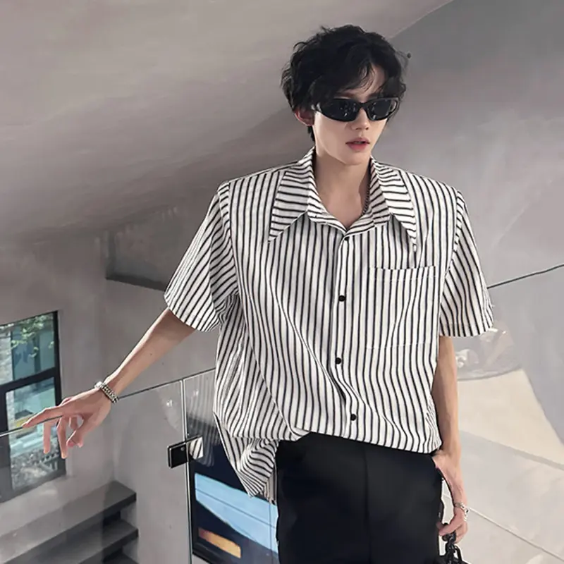 IEFB Niche Design Men's Shirts Turn-down Collar Short Sleeved Striped Contrast Color Detachable Shoulder Padded Male Tops 9W3852