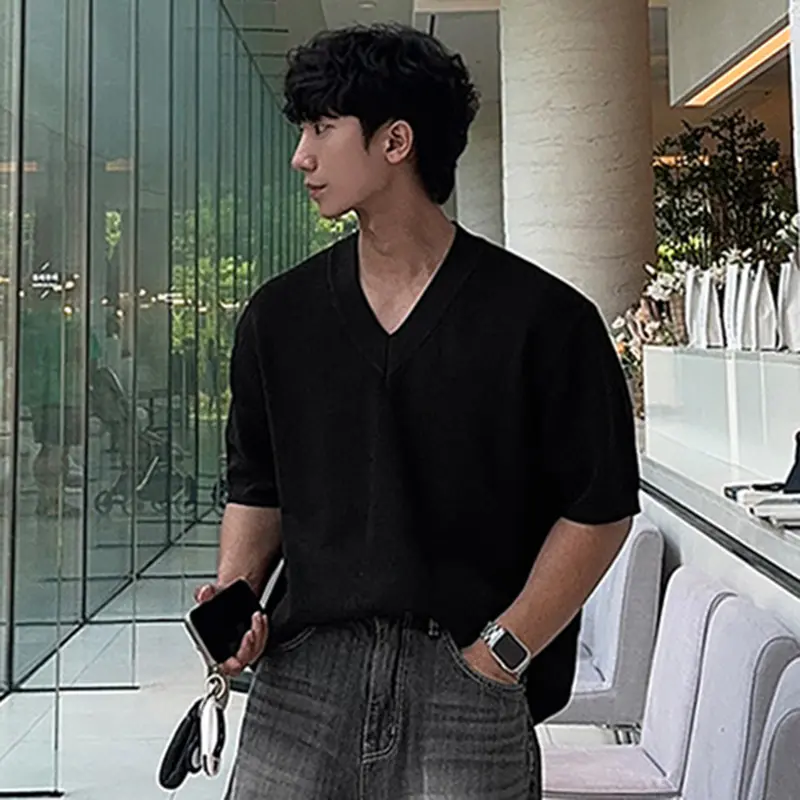IEFB V-neck Men's T-shirts Short Sleeved Solid Color Knitting New Summer Tops Loose Pullover Korean Male Tees Simple 9W2484