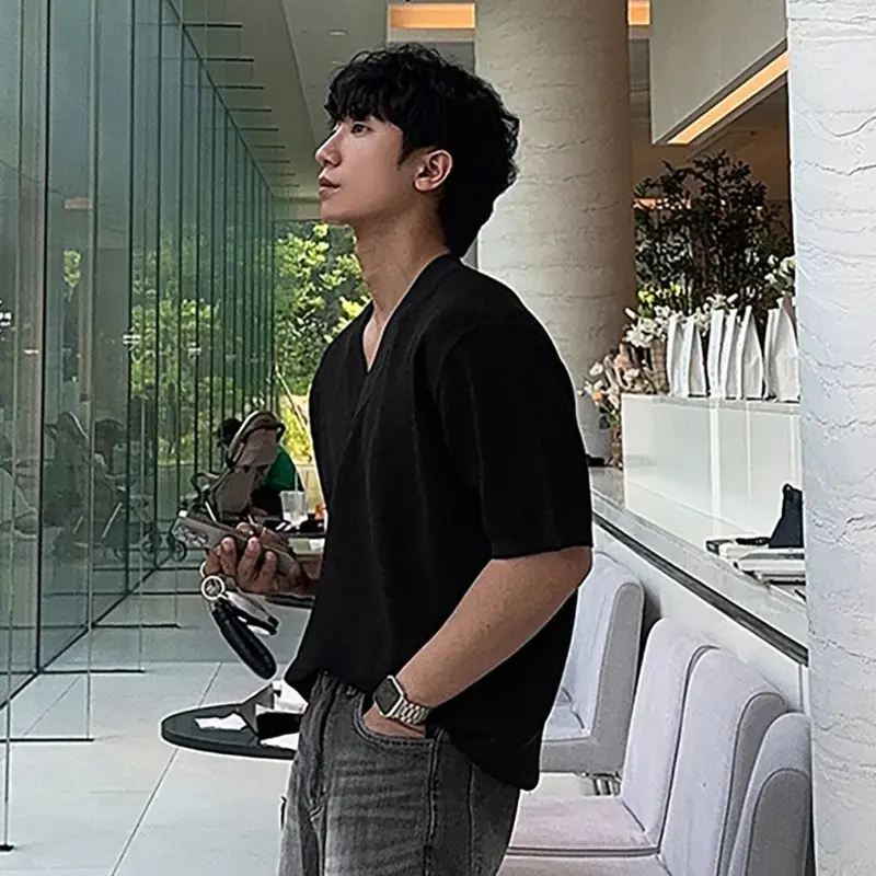 IEFB V-neck Men's T-shirts Short Sleeved Solid Color Knitting New Summer Tops Loose Pullover Korean Male Tees Simple 9W2484