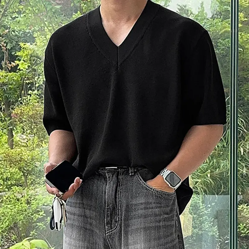IEFB V-neck Men's T-shirts Short Sleeved Solid Color Knitting New Summer Tops Loose Pullover Korean Male Tees Simple 9W2484