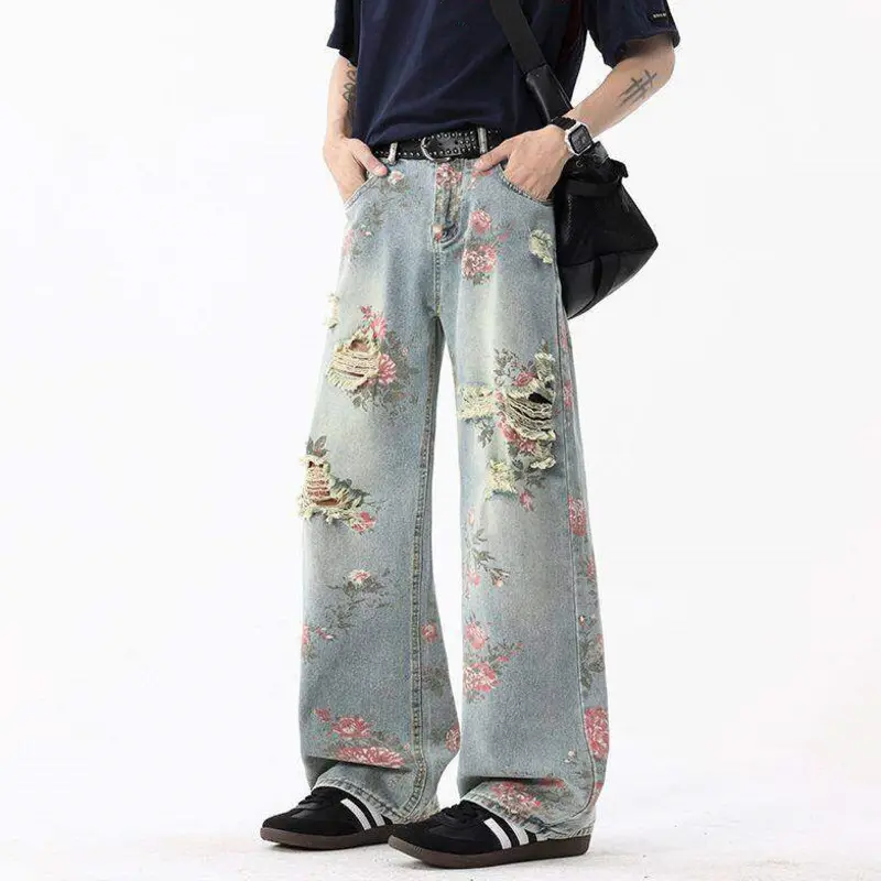 IEFB Niche Design Men Denim Pants Hole Printing Contrats Color Straight Leg Streetwear Loose Male All-match Jeans Fashion 9W3703