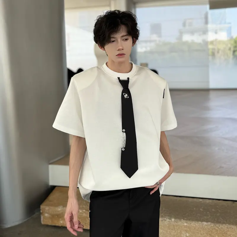 IEFB Men's Short Sleeve T-shirts New Summer Loose Tie Design Round Neck Contrast Color Trendy Korean Style Male Tops 9W2185