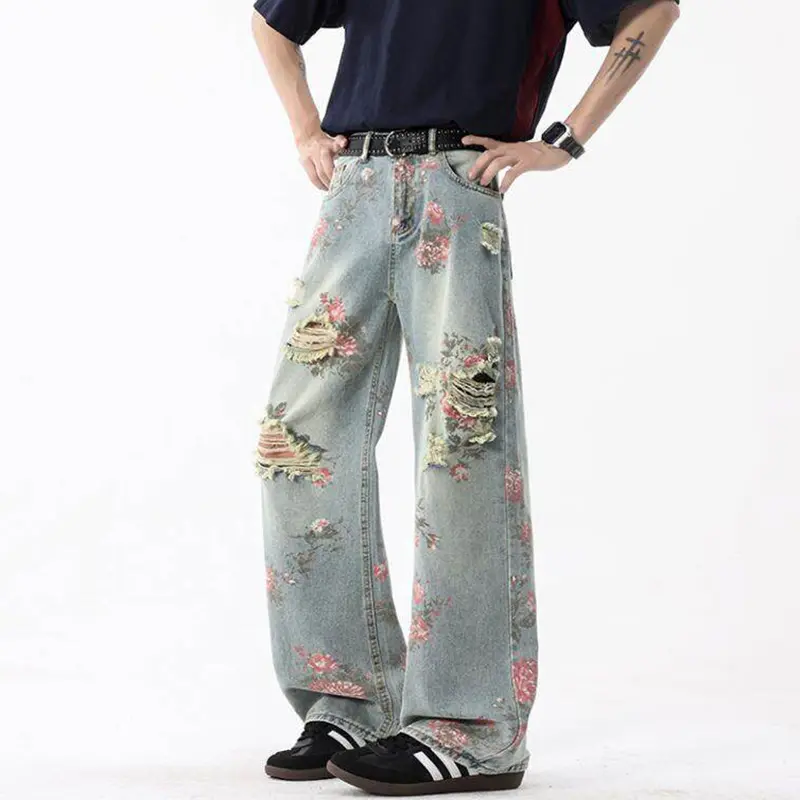 IEFB Niche Design Men Denim Pants Hole Printing Contrats Color Straight Leg Streetwear Loose Male All-match Jeans Fashion 9W3703