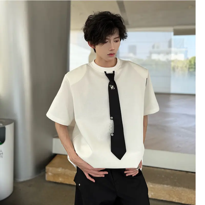 IEFB Men's Short Sleeve T-shirts New Summer Loose Tie Design Round Neck Contrast Color Trendy Korean Style Male Tops 9W2185