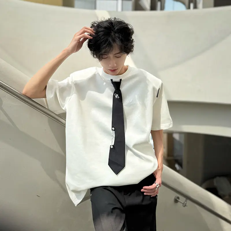 IEFB Men's Short Sleeve T-shirts New Summer Loose Tie Design Round Neck Contrast Color Trendy Korean Style Male Tops 9W2185