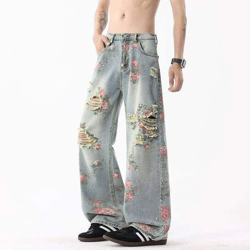 IEFB Niche Design Men Denim Pants Hole Printing Contrats Color Straight Leg Streetwear Loose Male All-match Jeans Fashion 9W3703