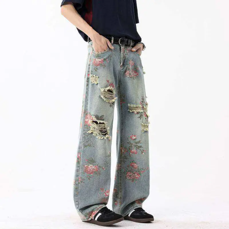 IEFB Niche Design Men Denim Pants Hole Printing Contrats Color Straight Leg Streetwear Loose Male All-match Jeans Fashion 9W3703