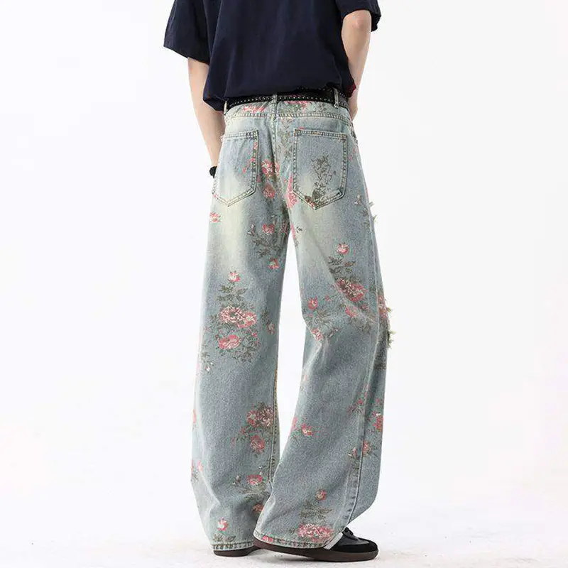 IEFB Niche Design Men Denim Pants Hole Printing Contrats Color Straight Leg Streetwear Loose Male All-match Jeans Fashion 9W3703