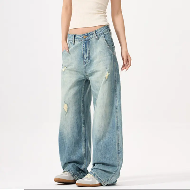IEFB Baggy Jeans Men's Bottoms American Style Distressed Washed Curved Knife Denim Pants Loose Wide Leg Vintage Men 9W3709