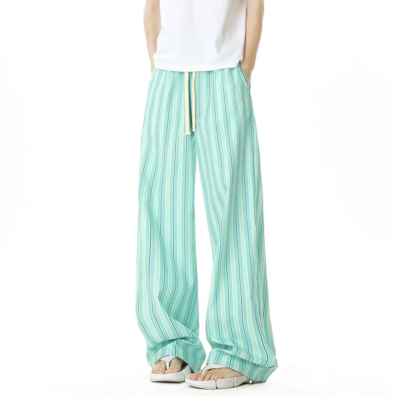 IEFB New Summer Men's Casual Pants Striped Design Drawstring Contrast Color Loose Elastic Waist Straight Male Trousers 9W2287
