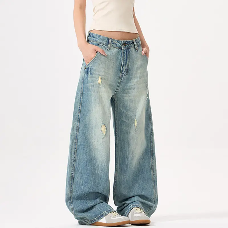 IEFB Baggy Jeans Men's Bottoms American Style Distressed Washed Curved Knife Denim Pants Loose Wide Leg Vintage Men 9W3709