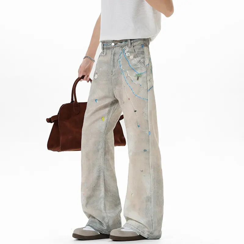 IEFB American Style Men's Fashion Tide Jeans High Street Pearl Printing Straight Wide Leg Male Denim Pants Summer 9W3594