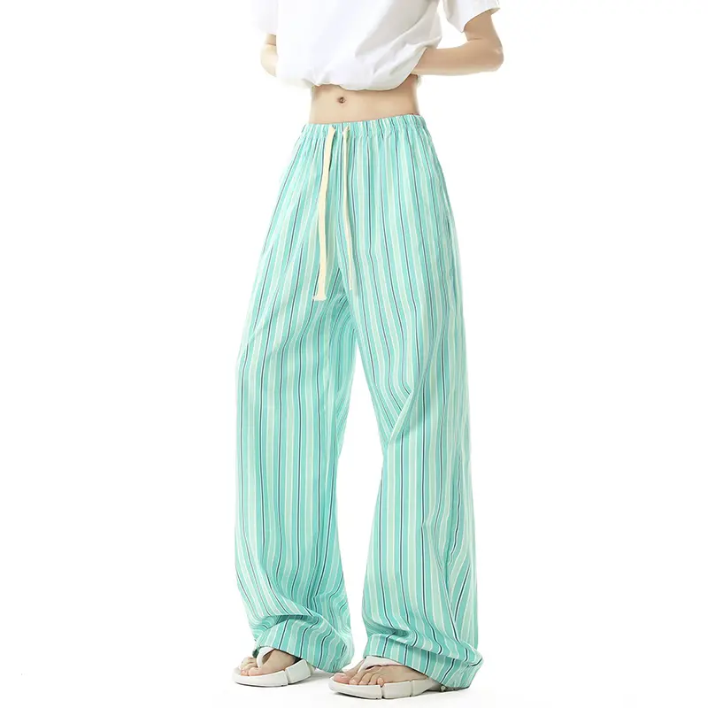 IEFB New Summer Men's Casual Pants Striped Design Drawstring Contrast Color Loose Elastic Waist Straight Male Trousers 9W2287