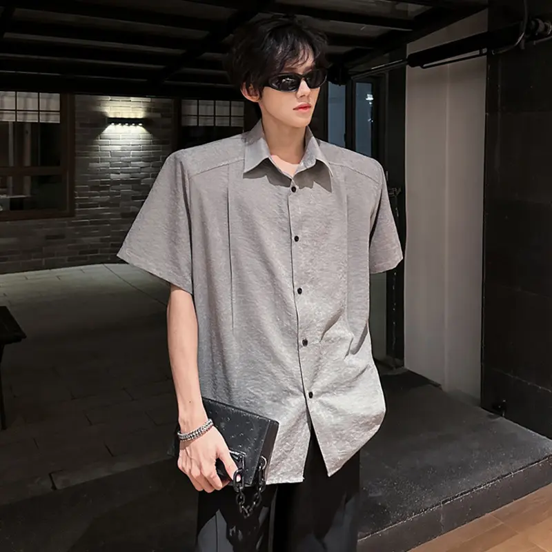 IEFB Simple Men's Shirts Turn-down Collar Short Sleeved Solid Color Summer Shirt Single Breasted Loose Male Tops Summer 9W3849