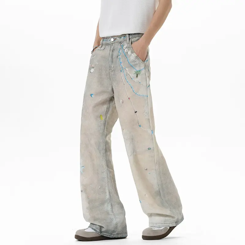 IEFB American Style Men's Fashion Tide Jeans High Street Pearl Printing Straight Wide Leg Male Denim Pants Summer 9W3594