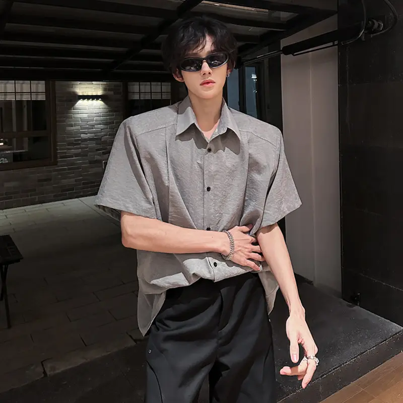 IEFB Simple Men's Shirts Turn-down Collar Short Sleeved Solid Color Summer Shirt Single Breasted Loose Male Tops Summer 9W3849