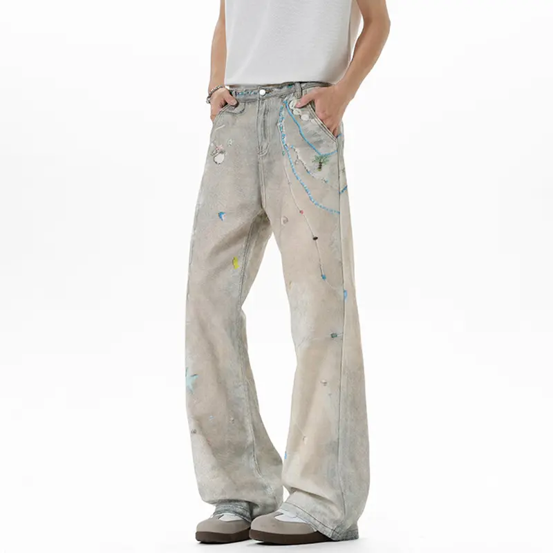 IEFB American Style Men's Fashion Tide Jeans High Street Pearl Printing Straight Wide Leg Male Denim Pants Summer 9W3594