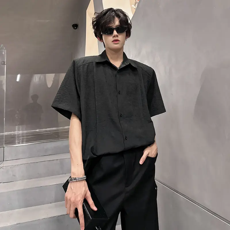 IEFB Simple Men's Shirts Turn-down Collar Short Sleeved Solid Color Summer Shirt Single Breasted Loose Male Tops Summer 9W3849