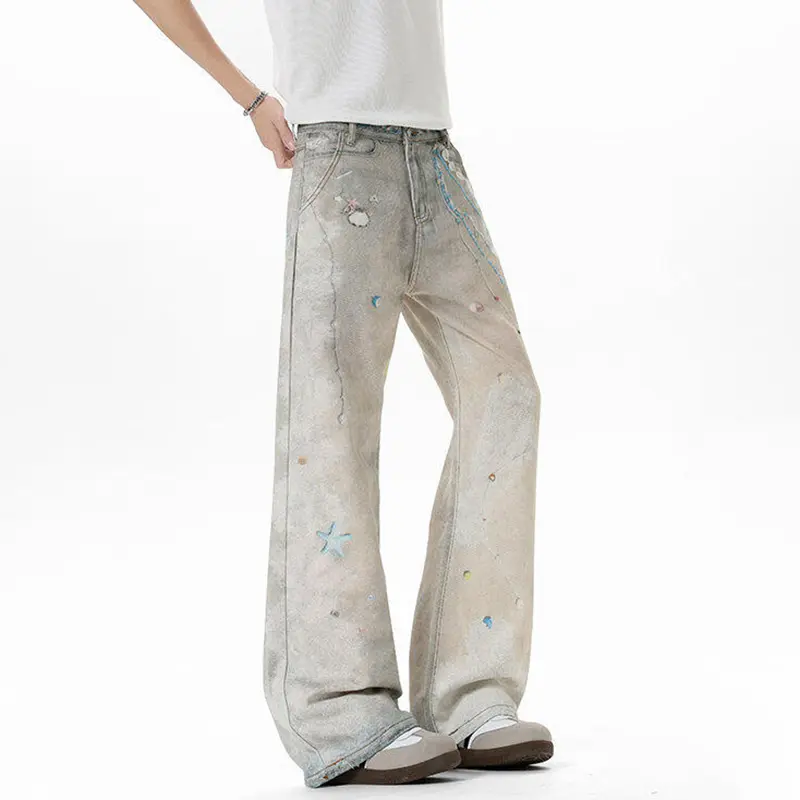IEFB American Style Men's Fashion Tide Jeans High Street Pearl Printing Straight Wide Leg Male Denim Pants Summer 9W3594