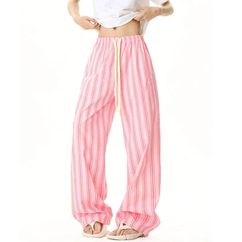 IEFB New Summer Men's Casual Pants Striped Design Drawstring Contrast Color Loose Elastic Waist Straight Male Trousers 9W2287