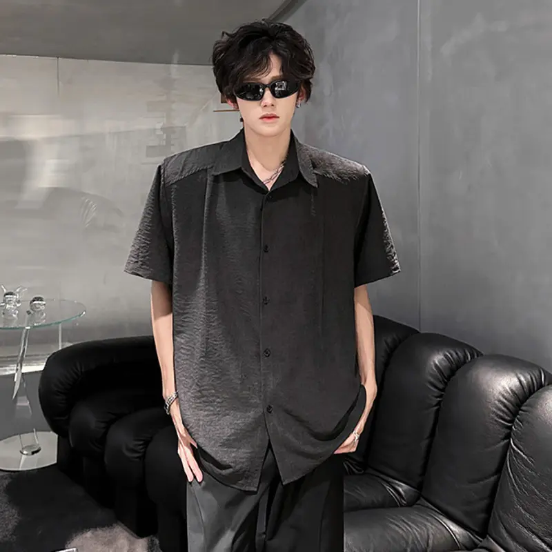 IEFB Simple Men's Shirts Turn-down Collar Short Sleeved Solid Color Summer Shirt Single Breasted Loose Male Tops Summer 9W3849