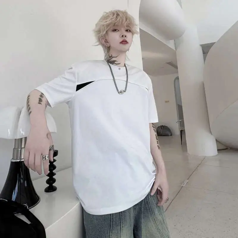 IEFB Men's T-shirts Summer Round Neck Splicing Contrast Color Nail Bead Decoration Men Short Sleeve Top 2025 Trend 9W1501