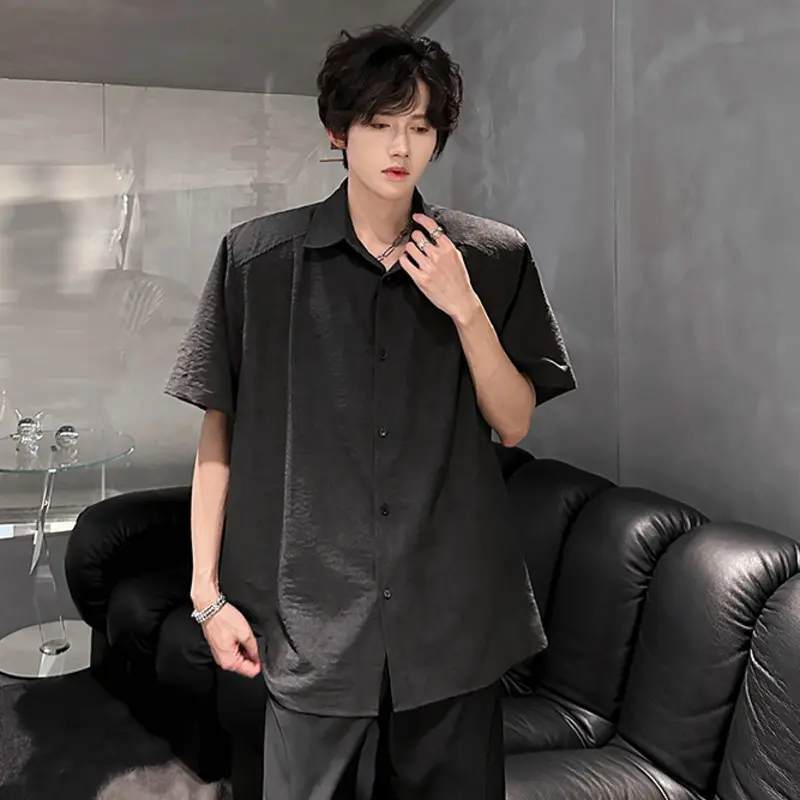 IEFB Simple Men's Shirts Turn-down Collar Short Sleeved Solid Color Summer Shirt Single Breasted Loose Male Tops Summer 9W3849