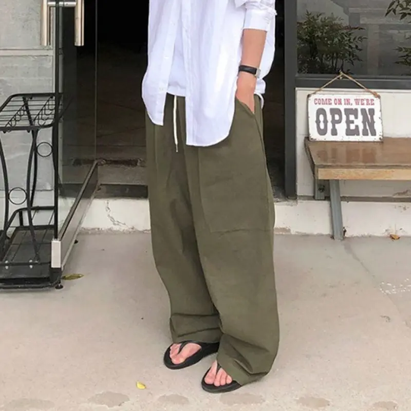IEFB Men's Cargo Pants Straight Leg Trendy New Summer Drawstring Solid Color Simple Stylish Elastic Waist Male Trousers 9W2036