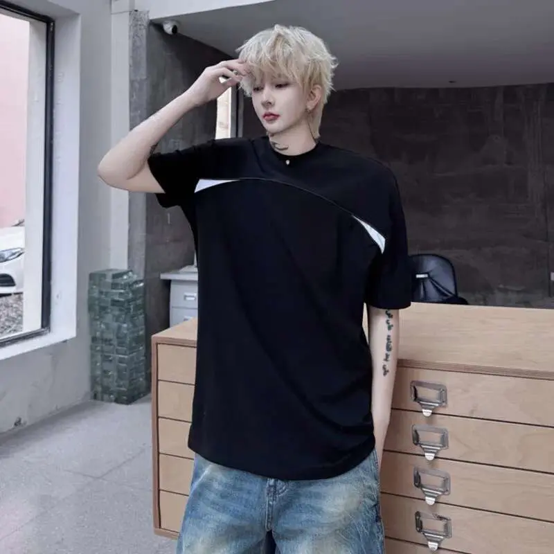 IEFB Men's T-shirts Summer Round Neck Splicing Contrast Color Nail Bead Decoration Men Short Sleeve Top 2025 Trend 9W1501