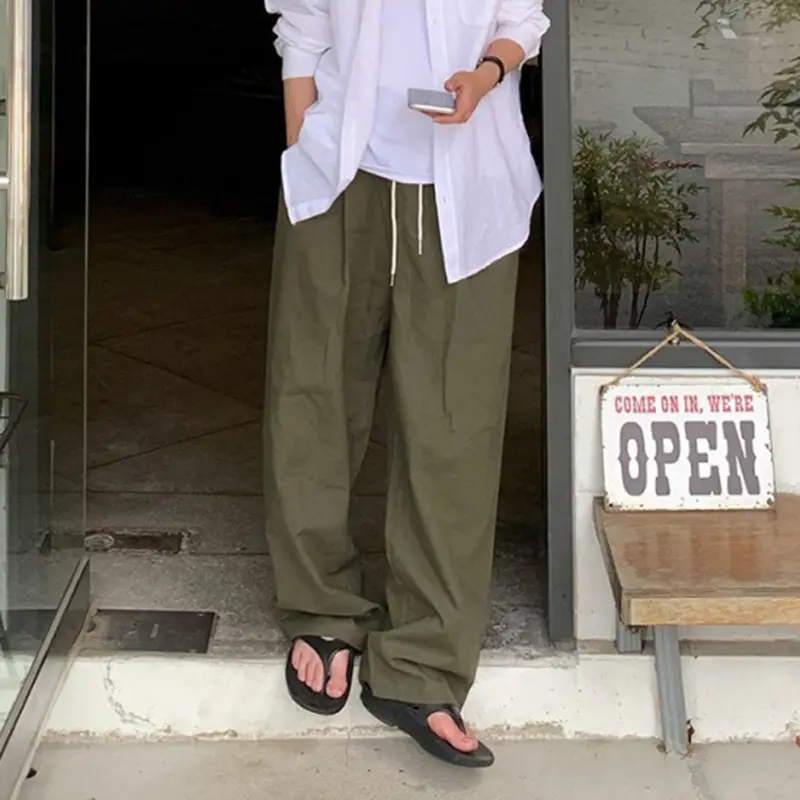 IEFB Men's Cargo Pants Straight Leg Trendy New Summer Drawstring Solid Color Simple Stylish Elastic Waist Male Trousers 9W2036