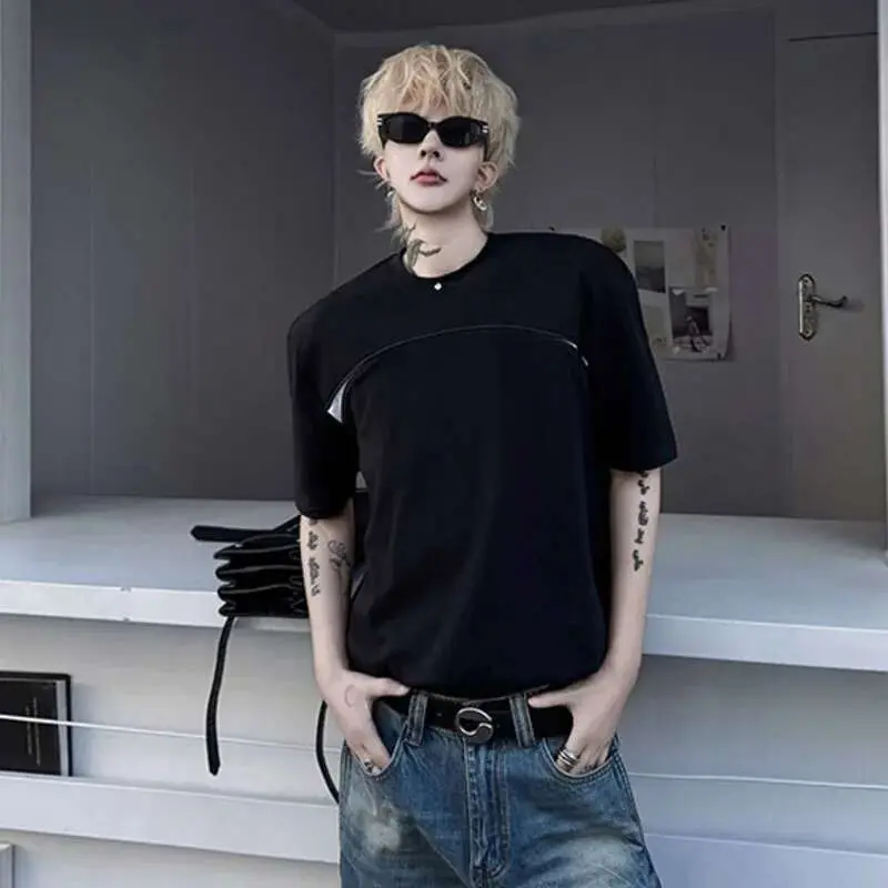 IEFB Men's T-shirts Summer Round Neck Splicing Contrast Color Nail Bead Decoration Men Short Sleeve Top 2025 Trend 9W1501