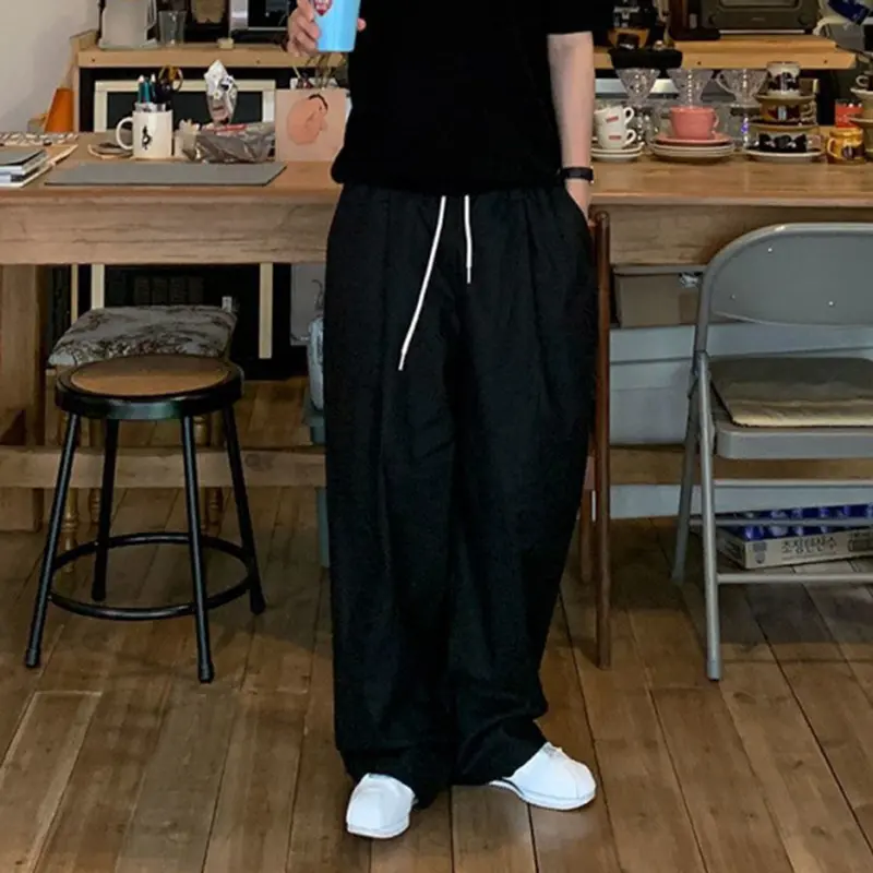 IEFB Men's Cargo Pants Straight Leg Trendy New Summer Drawstring Solid Color Simple Stylish Elastic Waist Male Trousers 9W2036