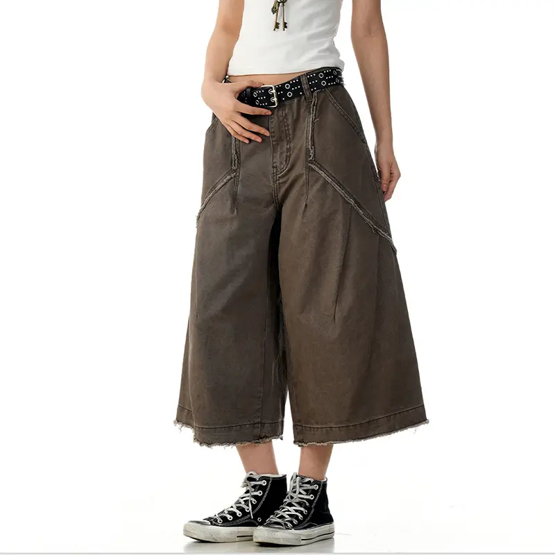 IEFB High Street Men's Cargo Shorts American Straight Tube Washed Worn-out Pocket Solid Color Overalls Over Knee Length 9W2918