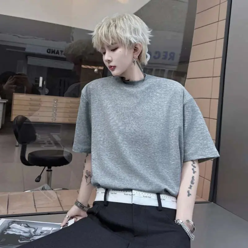 IEFB Men's Short Sleeve T-shirts New Summer Loose Double Neck Design Casual Menwear Korean Solid Color Fashion Top 9W1505