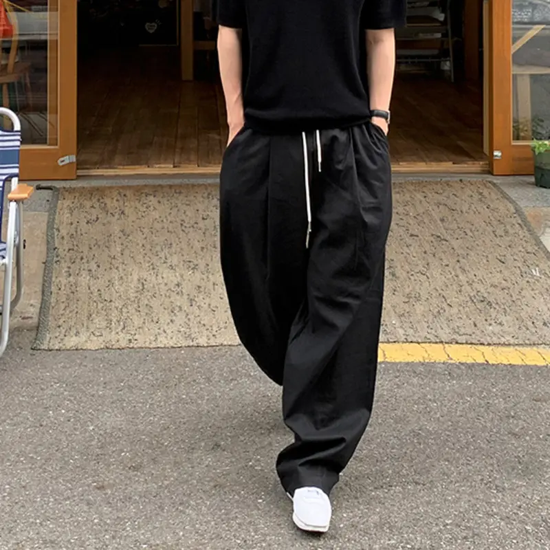 IEFB Men's Cargo Pants Straight Leg Trendy New Summer Drawstring Solid Color Simple Stylish Elastic Waist Male Trousers 9W2036