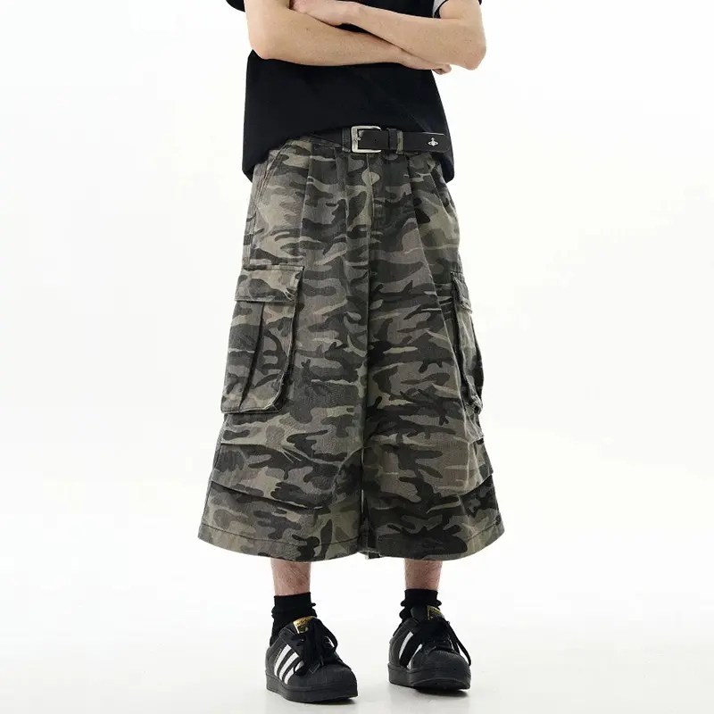 IEFB American Style Men's Casual Shorts Camouflage Side Pockets Vintage Wide Leg Bottom Loose Male Straight Trousers Chic 9W2517