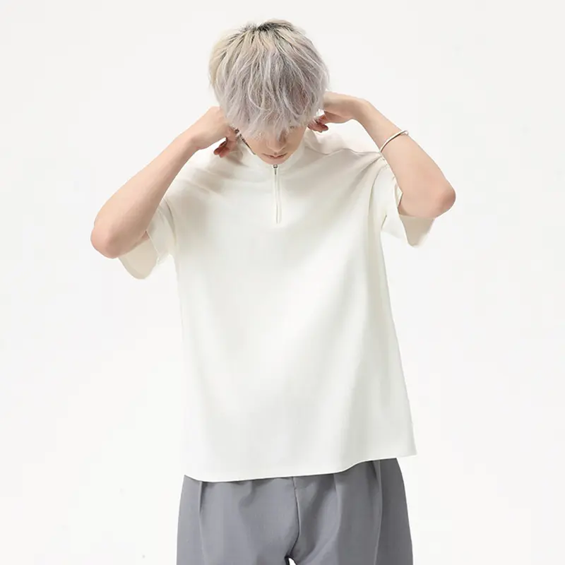 IEFB Korean Style Men's Tees Half Zipper Design Stand Collar Solid Color Short Sleeve Simple Male Pullover Loose T-shirts 9W2470