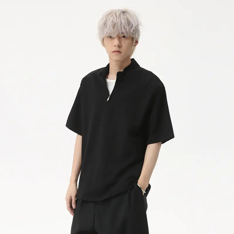 IEFB Korean Style Men's Tees Half Zipper Design Stand Collar Solid Color Short Sleeve Simple Male Pullover Loose T-shirts 9W2470