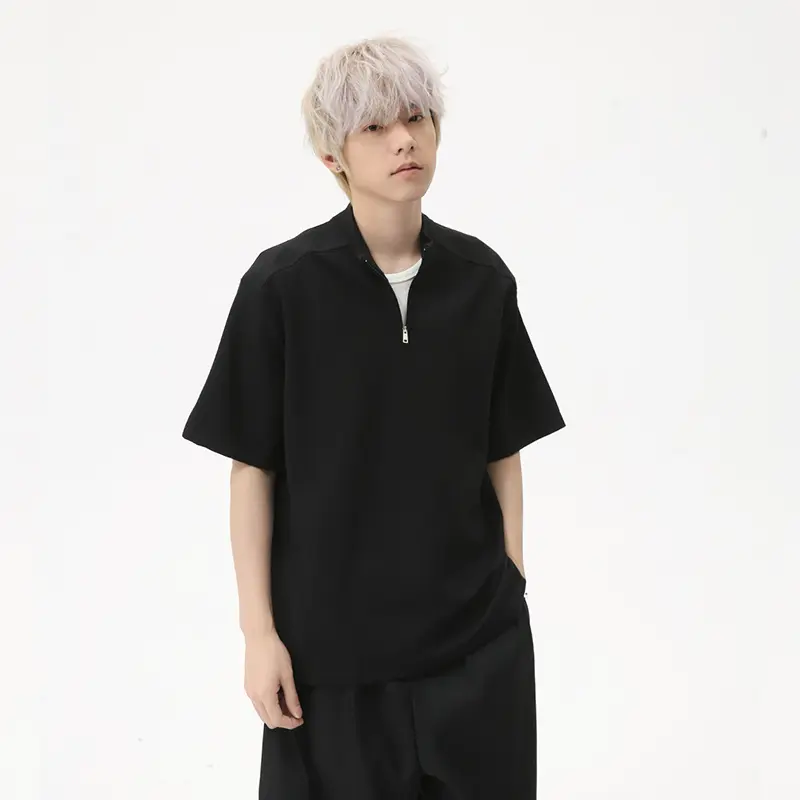 IEFB Korean Style Men's Tees Half Zipper Design Stand Collar Solid Color Short Sleeve Simple Male Pullover Loose T-shirts 9W2470