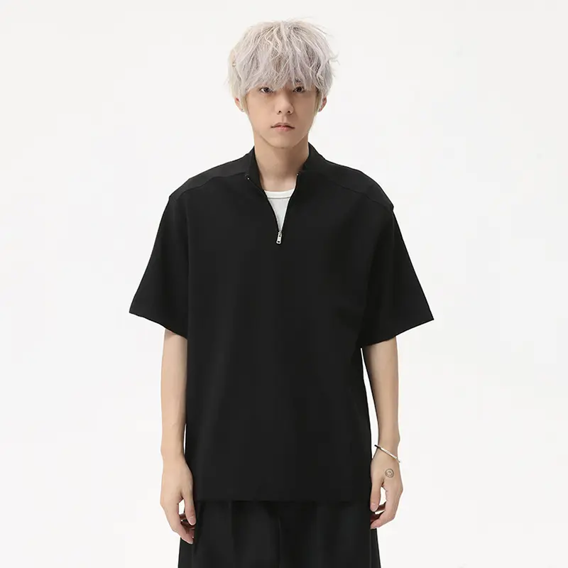 IEFB Korean Style Men's Tees Half Zipper Design Stand Collar Solid Color Short Sleeve Simple Male Pullover Loose T-shirts 9W2470