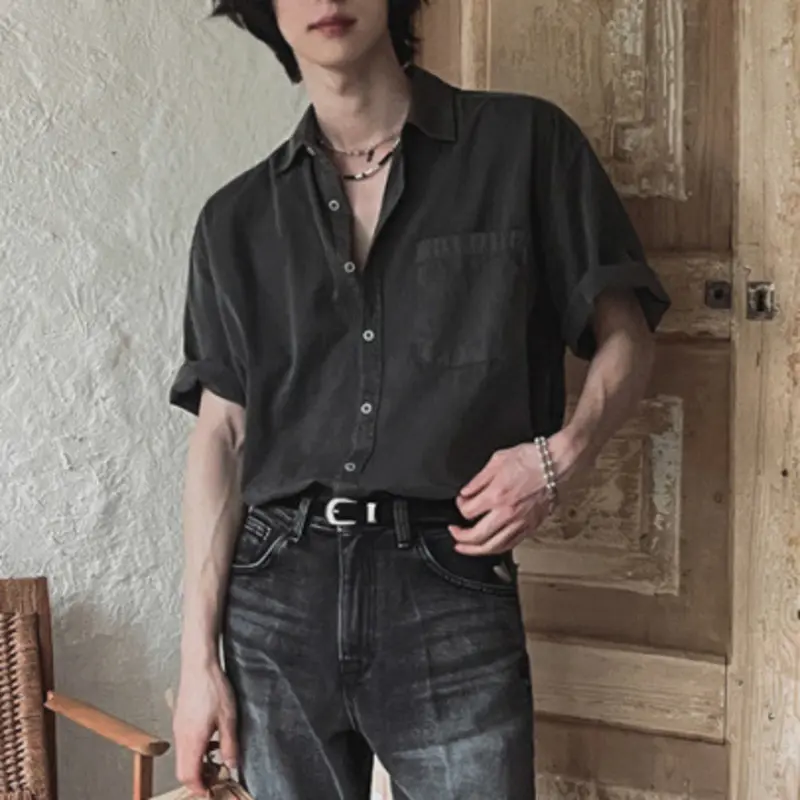 IEFB Korean Style Men's Shirt Washing Solid Color Short Sleeved Lapel Tops Loose Single Breasted Summer New Menswear 9W2722