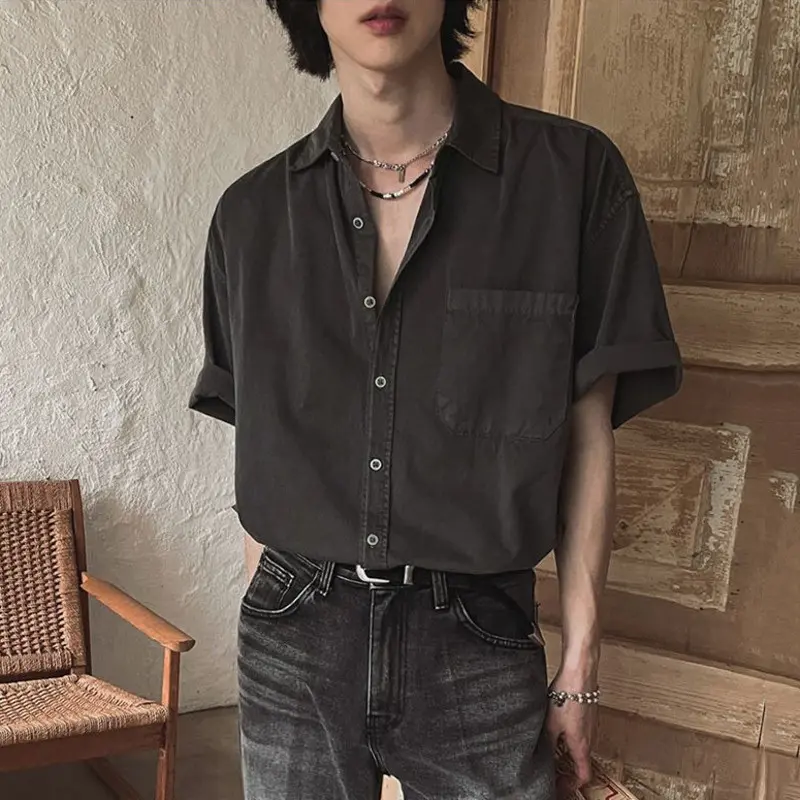 IEFB Korean Style Men's Shirt Washing Solid Color Short Sleeved Lapel Tops Loose Single Breasted Summer New Menswear 9W2722