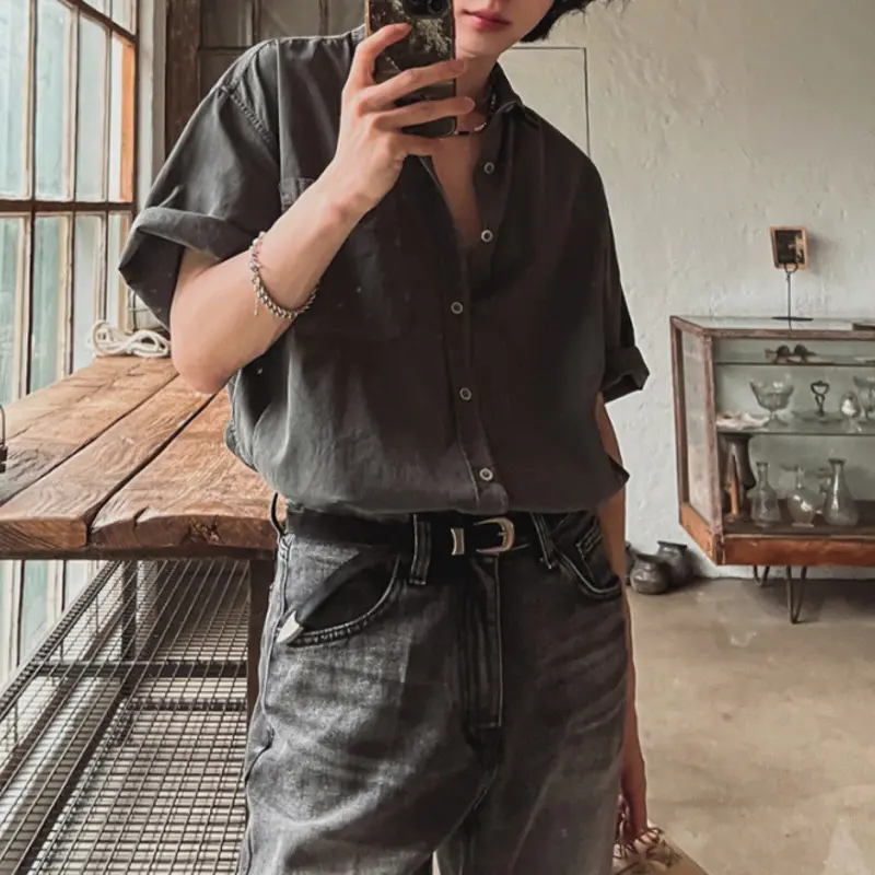 IEFB Korean Style Men's Shirt Washing Solid Color Short Sleeved Lapel Tops Loose Single Breasted Summer New Menswear 9W2722