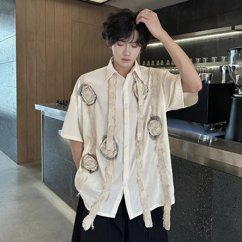 IEFB Three-dimensional Flowers Design Men's Shirt Lapel Chic Single Breasted Contrast Color Ribbon Short Sleeved Male Top 9W2770