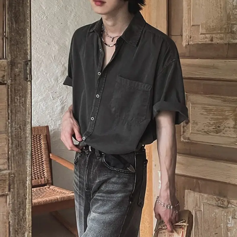 IEFB Korean Style Men's Shirt Washing Solid Color Short Sleeved Lapel Tops Loose Single Breasted Summer New Menswear 9W2722