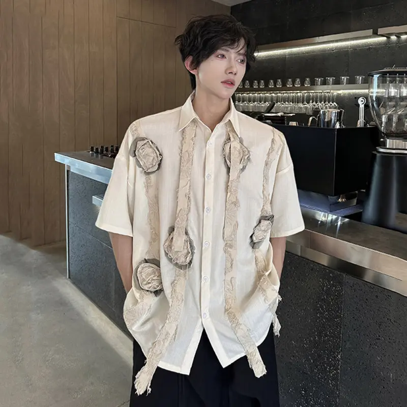 IEFB Three-dimensional Flowers Design Men's Shirt Lapel Chic Single Breasted Contrast Color Ribbon Short Sleeved Male Top 9W2770
