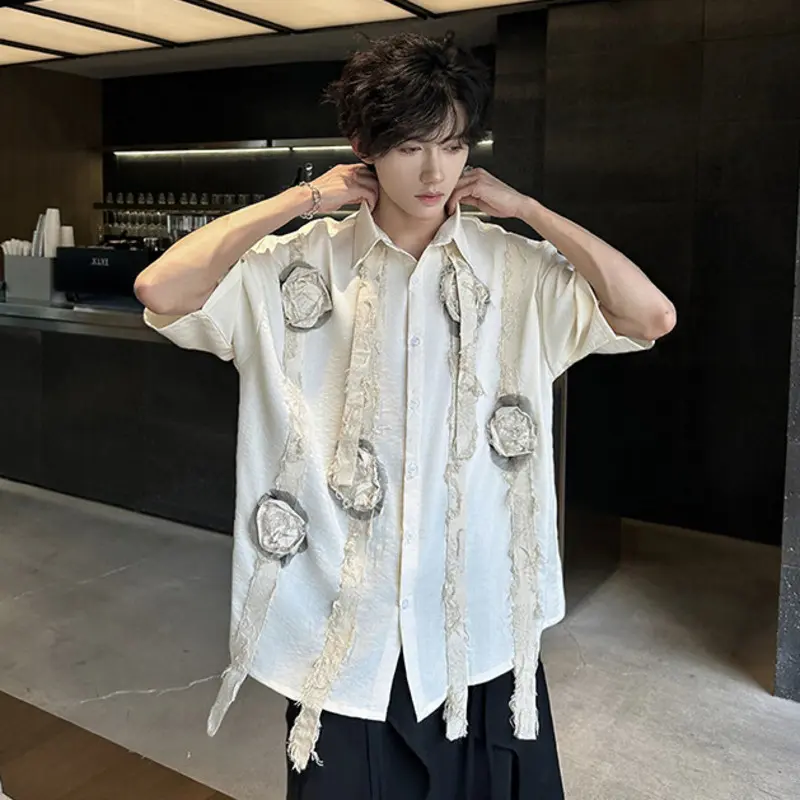 IEFB Three-dimensional Flowers Design Men's Shirt Lapel Chic Single Breasted Contrast Color Ribbon Short Sleeved Male Top 9W2770